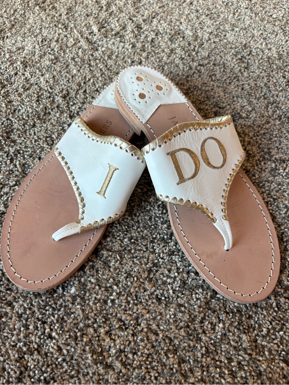 Jack Rogers White and Gold 'I DO' Leather Toe-Post Sandals